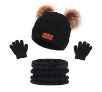 LINSOCLE Cappello a Maglia Bambini Invernale Sciarpa Guanti - 3 in1 Inverno Berretto con Pompom Scaldacollo Guanti Set, per Ragazzi e Ragazze di età 2-6 anni (Nero)