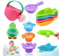 LinStyle Giocattoli da Bagno per Bambini 1 2 3 4 Anni,Giochi Doccia per Vasca Da Bagno,10 Pcs Giochi Doccia per Vasca con Barchette Impilabili e Cucchiaio