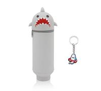 LINTRA Astuccio Portapenne Animali Dolci, 2 in 1 Portamatite in Silicone con Motivi Cartoon, Astuccio Silicone, Grigio Astucci, Regolabile con Ciondolo a Forma di Squalo, per la Scuola e L'ufficio