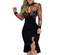 LINYOUY Abito aderente da donna, abito lungo con spacco e volant stampato, abito che valorizza la figura, abito da cocktail, abito sexy in pizzo, abito da donna elegante, da cerimonia, da sposa, da