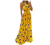 LINYOUY Abito estivo da donna, elegante, maxi abito estivo boho, abito da donna, lungo, senza spalline, tunica da sera, per feste, ballo, da sera, da cocktail, giallo., S