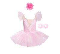 Linyuir Abito da Ballo per Bambine Maniche Corte tutù Gonna Puff Maniche Body Bracciali Fiocchi Fascia per Capi Principessa Abbigliamento da Danza Taglia 92-164 Rosa 3-4 Anni