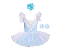Linyuir Abito da Ballo per Bambine Maniche Corte tutù Gonna Puff Maniche Body Bracciali Fiocchi Fascia per Capi Principessa Abbigliamento da Danza Taglia 92-164 Azzurro Chiaro 3-4 Anni