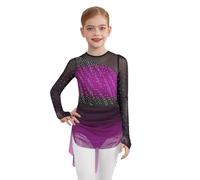Linyuir Bambina Abito da Ballo A Maniche Lunghe Sfumatura di Colore Abito da Pattinaggio Artistico Scintillante Mesh Intreccio Tuta da Ballo Colletto Rotondo Body Viola 13-14 Anni