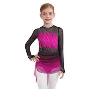 Linyuir Bambina Abito da Ballo A Maniche Lunghe Sfumatura di Colore Abito da Pattinaggio Artistico Scintillante Mesh Intreccio Tuta da Ballo Colletto Rotondo Body Rosa Scuro 7-8 Anni