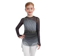 Linyuir Bambina Abito da Ballo A Maniche Lunghe Sfumatura di Colore Abito da Pattinaggio Artistico Scintillante Mesh Intreccio Tuta da Ballo Colletto Rotondo Body Grigio 15-16 Anni