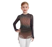 Linyuir Bambina Abito da Ballo A Maniche Lunghe Sfumatura di Colore Abito da Pattinaggio Artistico Scintillante Mesh Intreccio Tuta da Ballo Colletto Rotondo Body Rosa Polveroso 9-10 Anni