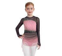 Linyuir Bambina Abito da Ballo A Maniche Lunghe Sfumatura di Colore Abito da Pattinaggio Artistico Scintillante Mesh Intreccio Tuta da Ballo Colletto Rotondo Body Rosa 13-14 Anni