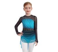 Linyuir Bambina Abito da Ballo A Maniche Lunghe Sfumatura di Colore Abito da Pattinaggio Artistico Scintillante Mesh Intreccio Tuta da Ballo Colletto Rotondo Body Blu Verde 13-14 Anni