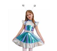 Linyuir Bambina Costume Alieno Abiti A Blocchi Di Colore Con Cerchietti Maniche Corte A Farfalla Vestito Swing Vita Extraterrestre Abiti Da Ballo Abbigliamento Per Argento 9-10 anni