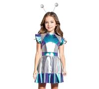 Linyuir Bambina Costume Alieno Abiti A Blocchi Di Colore Con Cerchietti Maniche Corte A Farfalla Vestito Swing Vita Extraterrestre Abiti Da Ballo Abbigliamento Per Blu 13-14 anni