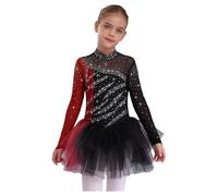 Linyuir Bambina Manica Lunga Vestito Pattinaggio Artistico Ghiaccio Abito Danza Scintillante Mesh Giromanica Collo Alto Body con Gonna Tutu Abbigliamento Gara Borgogna Nero 11-12 Anni