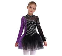 Linyuir Bambina Manica Lunga Vestito Pattinaggio Artistico Ghiaccio Abito Danza Scintillante Mesh Giromanica Collo Alto Body con Gonna Tutu Abbigliamento Gara Nero Viola 5-6 Anni