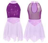 Linyuir Bambina Paillettes Abito da Ballo Collo A Bretelle Abito da Danza con Mesh Spacco Gonna Irregolare tutù da Ballo per Bambini Body Plissettato Abbigliamento Viola 7-8 Anni
