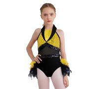 Linyuir Bambina Paillettes Balletto Danza Body Senza Maniche Collo Alto Leotard Con Piume Mesh Split Tutu Vestiti Abito Collo Moderno Jazz Outfit Giallo 15-16 anni