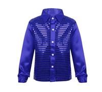 Linyuir Bambini Bambini Maglietta A Maniche Lunghe Camicia Elegante Top con Paillettes Costume da Direttore Jazz Performance sul Palco Festa Abiti Scintillanti Blu 8-10 Anni