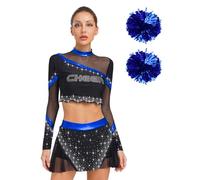 Linyuir Costumi Da Cheerleading Per Donna Uniformi Per Cheers E Danza Crop Top A Maniche Lunghe Con Gonna E Manici Di Fioretti In Mesh Set Di Abbigliamento Per Blu reale L