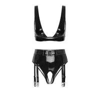Linyuir Donna Set di Biancheria Intima Wetlook in Pelle Lucida Reggiseno con Basso Scollo Top Rosso E String Tanga Ouvert con Fermaglie per Calze Outfit Gogo Abiti Nero M