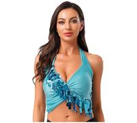 Linyuir Donna Top di Belly Dance Collare Reggiseno Top Senza Parte Inferiore con Paillettes Frange Crop con Scollo V più Basso Giacca Motto Abiti per Festa Abiti da Azzurro Cielo Taglia Unica