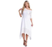 Linyuir Donna Vestito da Sera A Maniche Corte per Sposa E Damigelle di Onore con Incisioni sulle Spalle Abiti da Sera con Gonne Irregolari A Ginocchio Lunghe Midi Bianco XXL