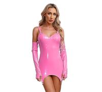 Linyuir Donna Wetlook Bodycon Abito Pelle Lucida Lingerie Senza Maniche Spalline Miniabito Corto con Guanti Reggicalze Abbigliamento da Club per Ballare Rosa M