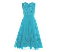 Linyuir Eleganti Vestiti in Chiffon per Bambina con Strass Abiti Estivi per Bambine Abiti da Festa Irregolari Rock con Volanti da Matrimonio per Feste per La Scuola Turchese 7-8 Anni