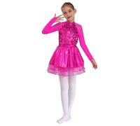 Linyuir Fanciulla Ballerina Abito da Ballo con Paillettes Maniche Lunghe Abito da Danza con Gonna di Tulle da Principessa per Bambine da Ballo in Mesh Manica A Rosa Scuro 15-16 Anni