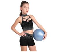 Linyuir Vestito Da Ginnastica Per Bambina Scintillante Abito Da Allenamento Top Corto A Collo Stretto Reggiseno A Nastri Shorts Aderenti Set Di Abbigliamento Per Nero 5-6 anni