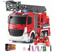 LioMaxi Scala 1:24 telecomandata Giocattolo camion pompieri,con pompa spruzzatrice d'acqua, Camion pompieri radiocomandato con scala estensibile e luci, Scala girevole Manuale, Ricaricabile,Rosso