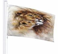 Lion Flag Decor 3x5 Ft Animale Fauna Selvatica Coppia Fluffy King Head Face Zoo Love Cool Schizzo Pastello Poliestere Motivo stampato Decorazioni per esterni per case e giardini