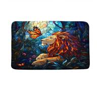 Lion Stained Glass Art Wildlife Animal Woods Tree Western Abstract Blue Geometric Zerbino Ingresso Trappola Sporco Tappeto Da Bagno Assorbente Tappeto Entrata Per Doccia Esterno Interno 40X60Cm