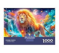 Lion Stands in Stream with Fire And Moon Puzzle Da 1000 Pezzi Per Adulti E Bambini Dai 12 Anni in Su The Lion Gioco Di Sfida E Di Ingegno 52x38cm/1000pcs