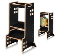 LIONELO CASS Torre Montessori per bambini 3in1, Da 1 Anno Fino a 30kg, Aiutante cucina, Libreria Scaffale e torre di apprendimento per bambini, Stabile e Sicurezza (Nero)