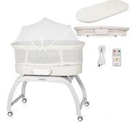 lionelo Coral - Lettino 3 in 1 fino a 9 kg, culla per bambini, 5 velocità di altalena, 12 melodie, 4 ruote, materasso ergonomico, timer, telecomando, zanzariera