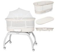 lionelo Coral - Lettino 3 in 1 fino a 9 kg, culla per bambini, 5 velocità di altalena, 12 melodie, 4 ruote, materasso ergonomico, timer, telecomando, zanzariera