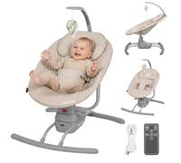 LIONELO RIO Dondolo elettrico per bambini fino a 9 kg Schienale regolabile, dondolo a 3 velocità, cinture di sicurezza con cuscino Melodie e suoni della natura Archetto con giocattolo Leggero (Latte)