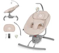 LIONELO RIO Dondolo elettrico per bambini fino a 9 kg Schienale regolabile, dondolo a 3 velocità, cinture di sicurezza con cuscino Melodie e suoni della natura Archetto con giocattolo Leggero (Latte)