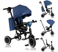 LIONELO Tris Plus 2in1 Bicicletta Triciclo e Passeggino pieghevole per bambini da 9 mesi fina a 25kg Sedia 360gradi Fronte Mamma o Strada Bici regolabile e compatta Borsa Portabibite Ruote PU (Blue)