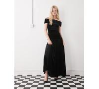 Lioness - Field of Dreams - Vestito lungo in velluto a pieghe nero arricciato con scollo alla Bardot risvoltato e vita scesa XL