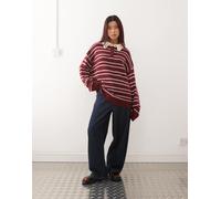 Lioness - Rising Sun - Maglione oversize lavorato a righe bordeaux e crema con colletto a contrasto-Rosso M/L
