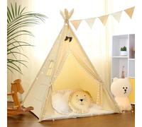 LIONHERZ La Tenda Teepee Originale per Bambini Realizzata in 100% Cotone con Materassino, Stabilizzatore, Decorazione di Piume, Borsa, Stendardo e 2 Cuscini [Stabile] Tenda da Gioco per Camera dei