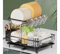 LIONONLY 2 Livelli Grandi Scolapiatti da Lavello con Drenaggio Automatico, Acciaio Inossidabile Sgocciolatoio con Ugello a Spirale e Portaposate e Portabicchieri,Scolapiatti da Appoggio