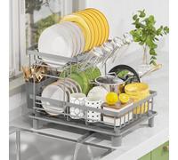 LIONONLY 2 Livelli Grandi Scolapiatti da Lavello con Drenaggio Automatico, Acciaio Inossidabile Sgocciolatoio con Ugello a Spirale e Portaposate e Portabicchieri,Scolapiatti da Appoggio