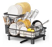 LIONONLY 2 Livelli Scolapiatti da Lavello con Drenaggio Automatico, Acciaio Inossidabile Sgocciolatoio con Ugello a Spirale e Portaposate e Portabicchieri,Scolapiatti da Appoggio