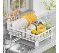 LIONONLY Scolapiatti per bancone della cucina, con beccuccio di scarico girevole a 360°, scolapiatti multifunzione con scolapiatti, porta utensili, organizer da cucina, bianco