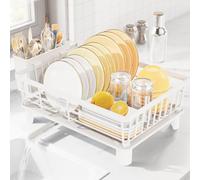 LIONONLY Scolapiatti per bancone della cucina, con beccuccio di scarico girevole a 360°, scolapiatti multifunzione con scolapiatti, porta utensili, organizer da cucina, bianco