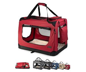lionto Borsa trasportino per cani pieghevole per viaggi e auto, 90x61x65 cm, box di trasporto stabile con maniglie per gatti e animali fino a 22 kg, scatola in tessuto, rosso scuro