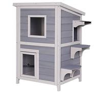lionto Casa da esterno per gatti per gioco e riposo, casetta in legno con tetto in bitume impermeabile 56x52x82 cm, finestra e 3 ingressi, rifugio robusto con istruzioni di montaggio, grigio/bianco