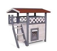 lionto Casa per gatti con terrazza e scala, rifugio da esterno in legno resistente 77x50x73 cm, protegge dalle intemperie con lamelle in PVC antivento, include istruzioni di montaggio, grigio/bianco