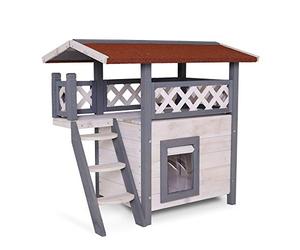 lionto Casa per gatti con terrazza e scala, rifugio da esterno in legno resistente 77x50x73 cm, protegge dalle intemperie con lamelle in PVC antivento, include istruzioni di montaggio, grigio/bianco